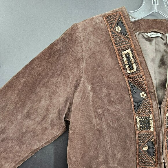Laura Ashley Nubuck Leather Blazer Jacket L Brown Beaded Sequin Embroidered New - Picture 3 of 13